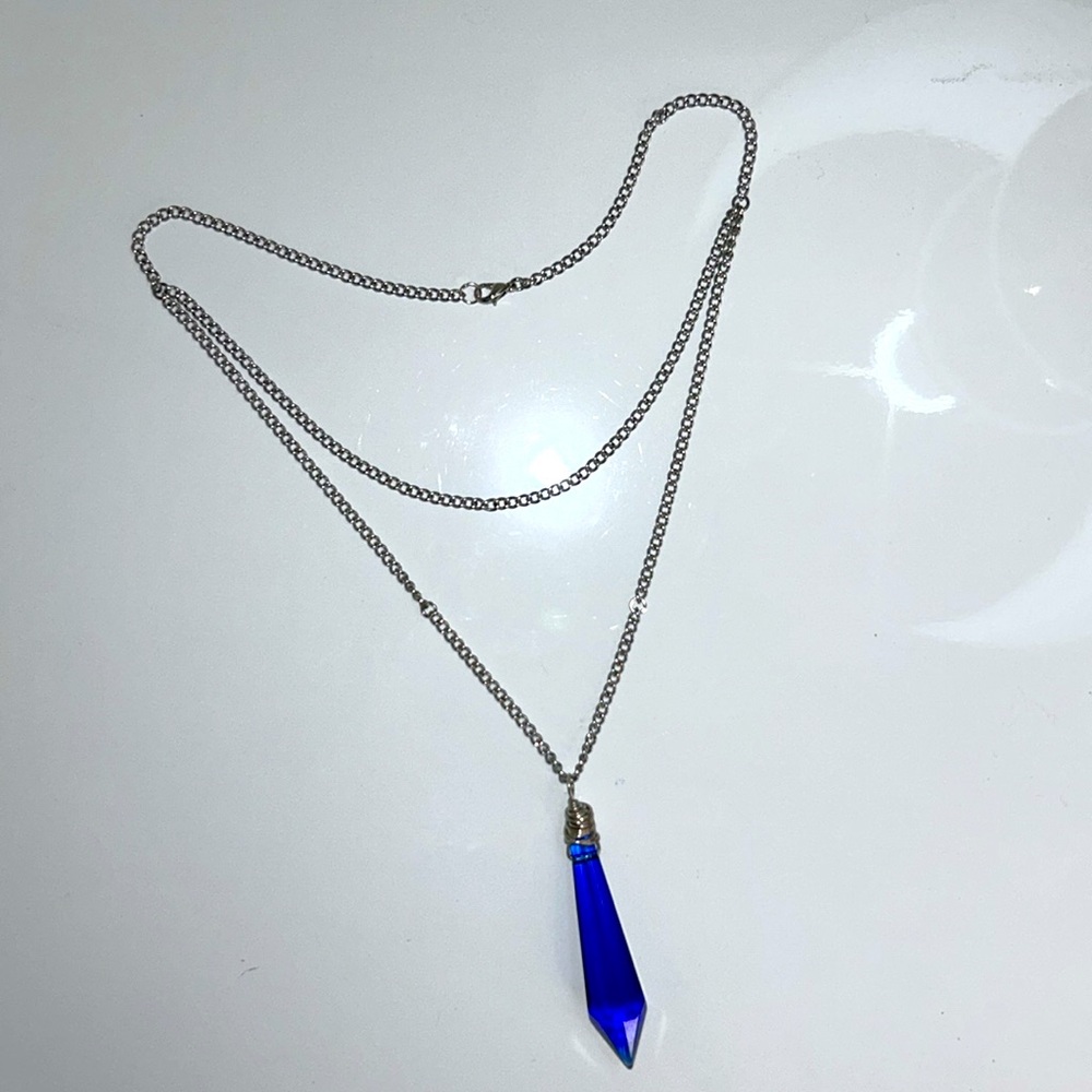 Hand Crafted Wire Wrapped Blue Glass Chandelier Crystal Double Chain Necklace